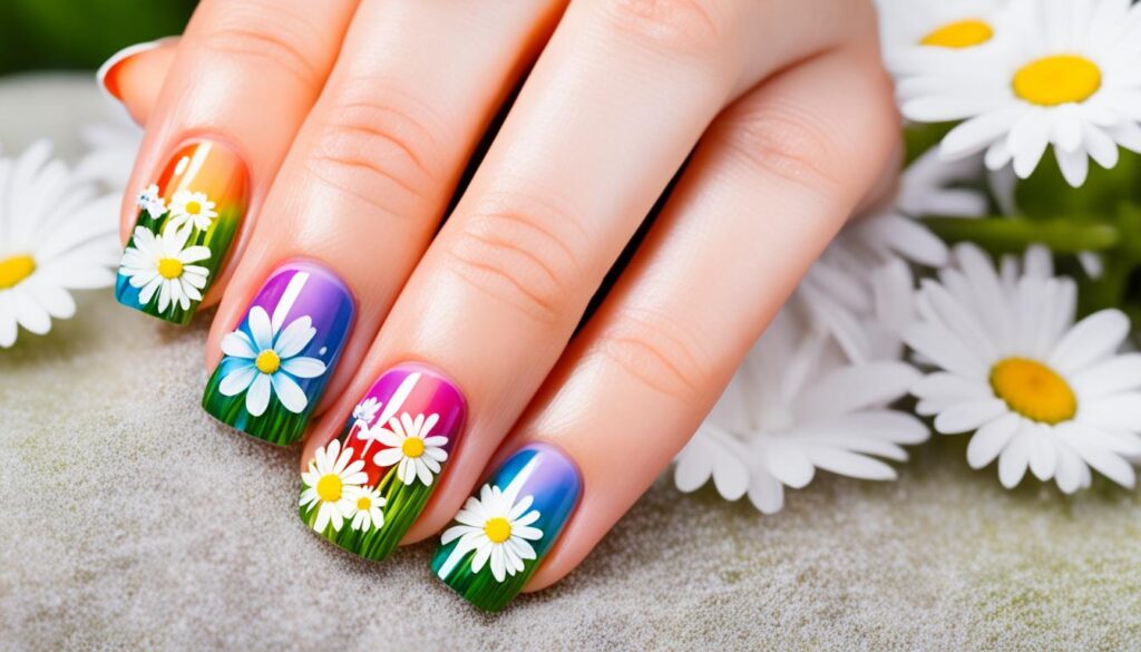 Rainbow French Manicure with Daisies